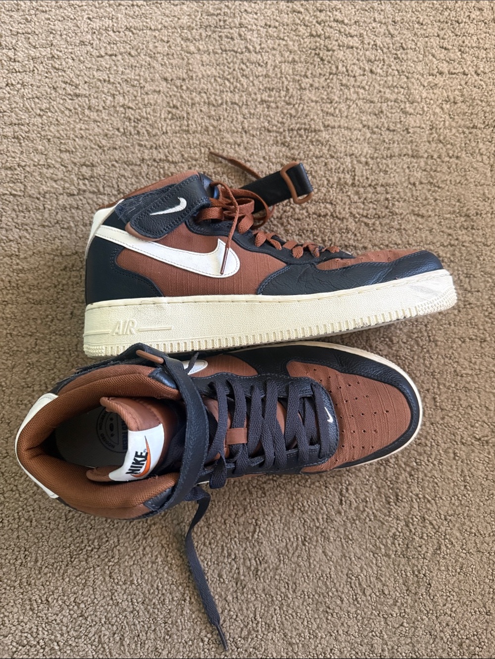 Men’s Nike Air Force ones Brown, Black and White High-Top Sneakers size 9.5